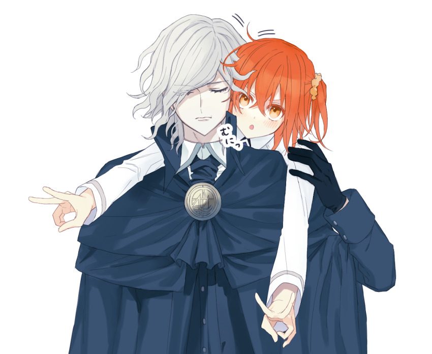1boy 1girl black_gloves cape closed_eyes commentary_request double_v edmond_dantes_(fate) fate/grand_order fate_(series) fujimaru_ritsuka_(female) gloves grey_hair looking_at_viewer orange_eyes orange_hair ringo_2000 short_hair simple_background upper_body v white_background