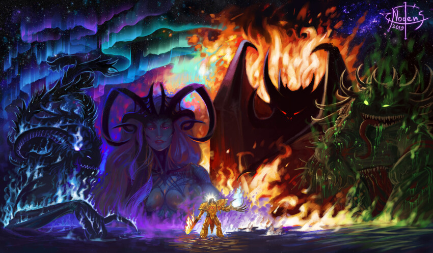 1girl 4boys absurdres armor aura aurora black_hair blue_eyes boils breasts chaos_(warhammer) clawed_gauntlets claws dark_aura decay demon emperor_of_mankind fingernails fire flaming_sword flaming_weapon fumes gauntlets giant giantess glowing glowing_eyes gold_armor green_eyes halo hell heresy highres holding holding_weapon horns huge_claws imperial_aquila khorne large_breasts laurel_crown long_hair miasma multiple_boys multiple_horns mutation nodensart nurgle ornate ornate_armor pauldrons power_armor purple_eyes purple_hair red_eyes shadowed sharp_fingernails sharp_teeth shoulder_armor slaanesh space sword teeth tzeentch warhammer_40k weapon white_eyes wings