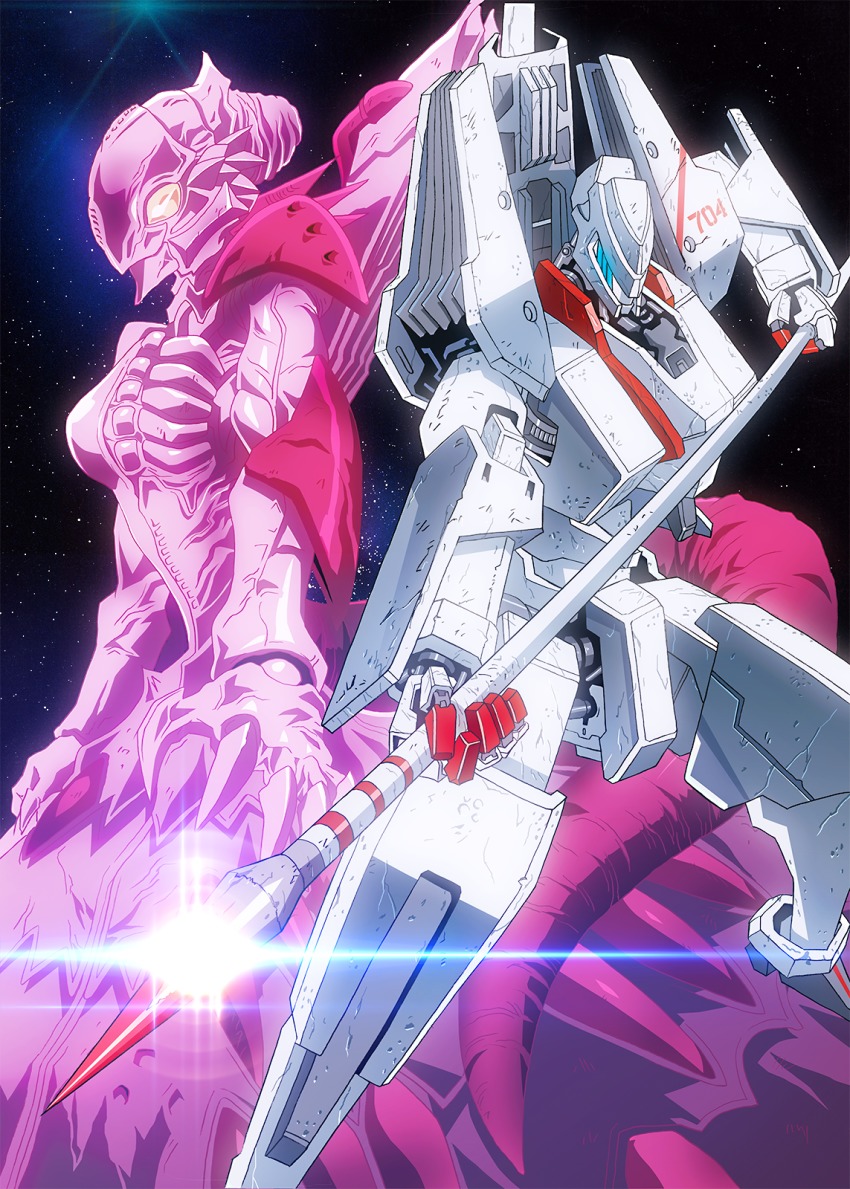 1girl alien bad_id bad_pixiv_id damaged energy gauna highres lens_flare mecha mecha_focus monster monster_girl morito_(sidonia_no_kishi) platin_(alios) polearm robot science_fiction shiraui_tsumugi sidonia_no_kishi space spear star_(sky) star_(symbol) starry_background tsugumori weapon zero_gravity
