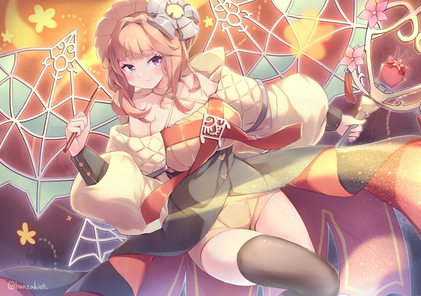 1girl absurdres aromalilith_magnolia black_thighhighs blush breasts closed_mouth collarbone duel_monster flower hair_flower hair_ornament highres holding holding_scepter kanzakietc large_breasts long_hair long_sleeves off-shoulder_jacket off_shoulder orange_hair purple_eyes scepter shorts smile solo thick_thighs thighhighs thighs twitter_username wings yellow_shorts yu-gi-oh!