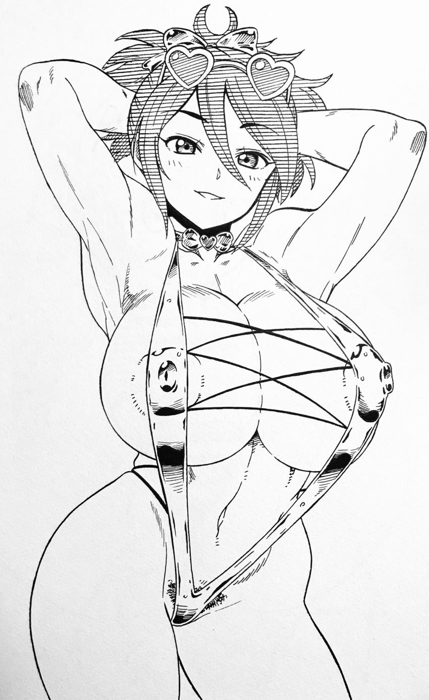 1girl absurdres areola_slip bikini breasts fujibayashi_sheena greyscale happy highres hokuto_(artist) hokuto_(tokuho) huge_breasts huge_nipples large_areolae large_breasts looking_at_viewer monochrome nipples sheena_fujibayashi slingshot_swimsuit solo swimsuit tales_of_(series) tales_of_symphonia