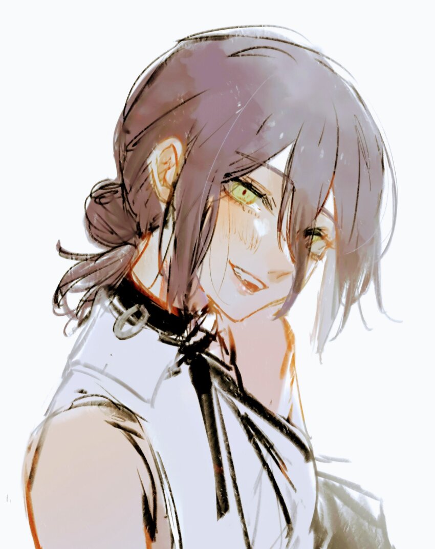 1girl black_choker black_hair black_ribbon blush chainsaw_man choker collared_shirt commentary_request gradient_background green_eyes grenade_pin grin hair_between_eyes hair_bun highres long_hair_between_eyes medium_hair neck_ribbon reze_(chainsaw_man) ribbon ringo_1046 shirt sleeveless sleeveless_shirt smile solo upper_body white_background white_shirt