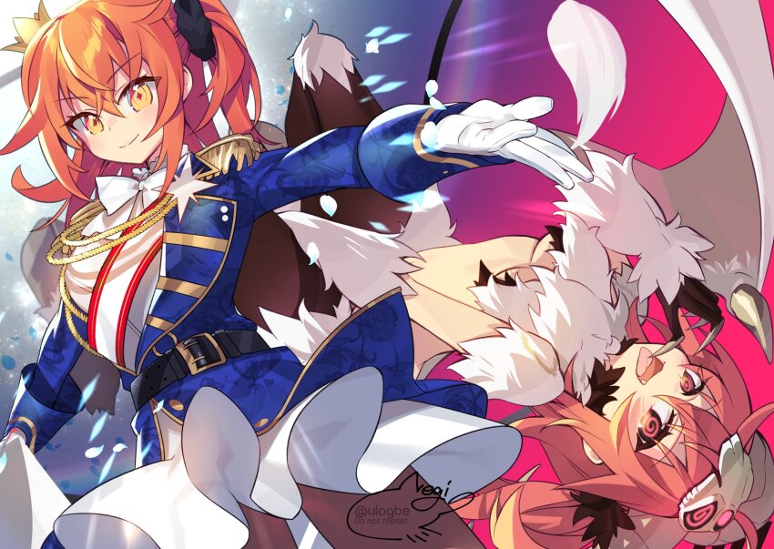 2girls @_@ aiguillette belt belt_buckle blue_jacket body_fur breasts brown_pantyhose buckle claws cosplay crown dark_young_(fate) dark_young_(fate)_(cosplay) demon_tail demon_wings dual_persona epaulettes fate/grand_order fate_(series) fujimaru_ritsuka_(female) fujimaru_ritsuka_(female)_(halloween_royalty) gloves goat_horns hair_ornament hair_scrunchie highres horns jacket long_sleeves looking_at_viewer medium_breasts mini_crown multiple_girls negi_(ulog&#039;be) official_alternate_costume one_side_up open_mouth orange_eyes orange_hair outstretched_arm pantyhose scrunchie short_hair skull solo tail thighs tongue tongue_out underboob white_gloves wings