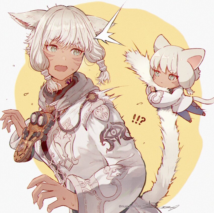 !? 2girls ^^^ animal_ears archon_mark black_shirt blue_pants border cat_ears cat_girl cat_tail chibi commentary_request cross-laced_clothes cross-laced_jacket dark-skinned_female dark_skin dual_persona eye_print facial_mark final_fantasy final_fantasy_xiv flinch from_side goggles goggles_around_neck green_eyes hair_tubes hand_up highres holding_another&#039;s_tail jacket long_sleeves looking_at_another looking_to_the_side low-tied_sidelocks miqo&#039;te motion_lines mugi_kosuta multiple_girls neck_tattoo open_mouth outside_border pants print_jacket puffy_long_sleeves puffy_sleeves shirt short_hair sidelocks signature slit_pupils stiff_tail surprised sweatdrop tail tail_raised tattoo twitter_username upper_body wavy_mouth whisker_markings white_border white_hair white_jacket white_tail y&#039;shtola_rhul