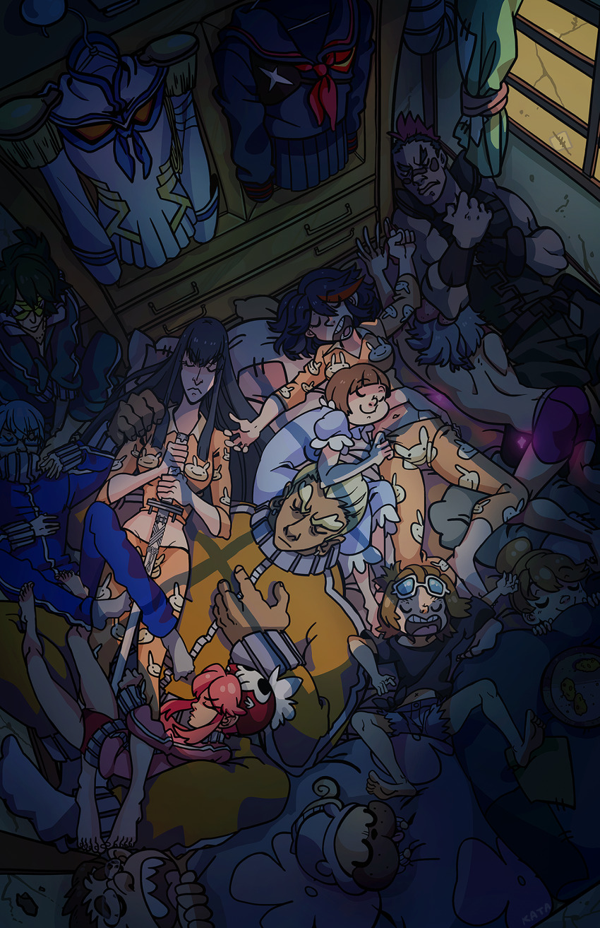 6+boys 6+girls animal_print barefoot clothes_hanger commentary dog earrings english_commentary epaulettes futon gamagoori_ira glasses guts_(kill_la_kill) hat highres holding holding_sword holding_weapon inumuta_houka jacket jakuzure_nonon jewelry katana katarya kill_la_kill kinagase_tsumugu kiryuuin_satsuki mankanshoku_barazou mankanshoku_mako mankanshoku_matarou mankanshoku_sukuyo matoi_ryuuko messy_room messy_sleeper multicolored_hair multiple_boys multiple_girls muscular muscular_male navel nightcap nightgown orange_pajamas pajamas pink_hair pug rabbit_print sailor_collar sanageyama_uzu school_uniform senketsu serafuku shirt shorts siblings sisters sleeping sleepover sleepwear snoring socks sword t-shirt top-down_bottom-up track_jacket twins two-tone_hair weapon