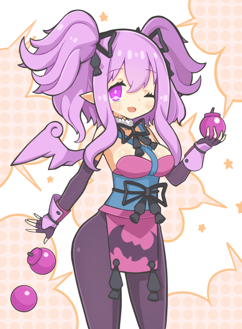 1girl ;d black_bow bomb bow breasts ceefore_(disgaea) commentary cowboy_shot disgaea elbow_gloves explosive fingerless_gloves gloves hair_bow highres holding holding_bomb legs_apart looking_at_viewer makai_senki_disgaea_7 medium_breasts medium_hair ninja obi one_eye_closed open_mouth pantyhose purple_eyes purple_gloves purple_hair purple_pantyhose purple_wings sash sidelocks smile solo standing suaman thighs two_side_up wings