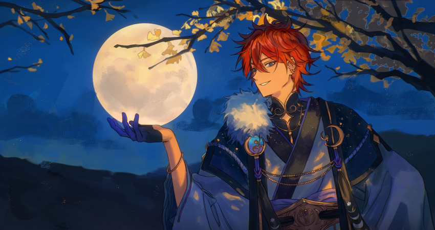 1boy absurdres amagi_rinne black_gloves blue_eyes ensemble_stars! full_moon fur_trim ginkgo_leaf ginkgo_tree gloves hair_between_eyes hand_up highres japanese_clothes leaf looking_at_viewer moon night night_sky nirrro outdoors red_hair sky smile solo tassel upper_body