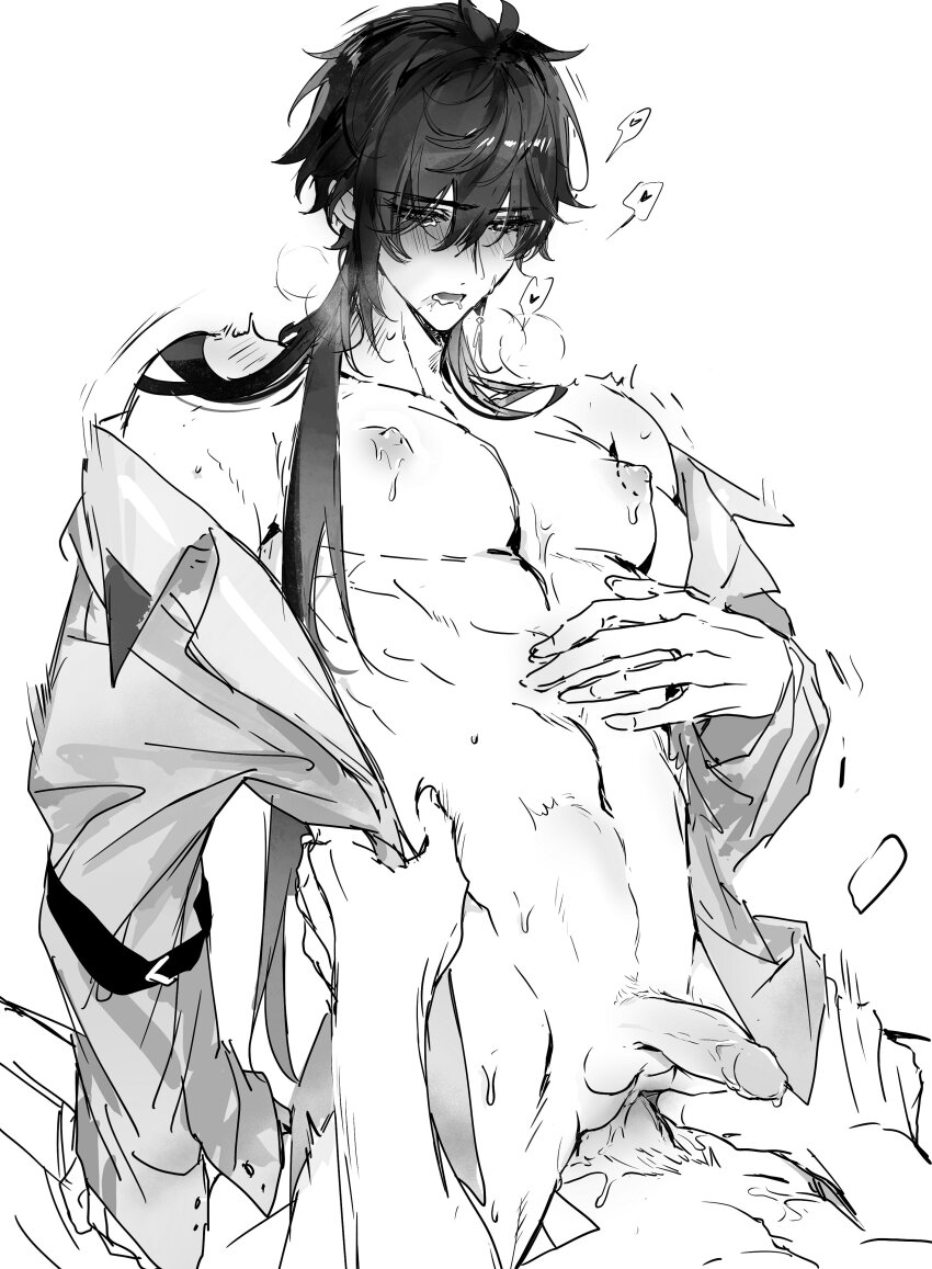 1other 2boys absurdres bite_mark bite_mark_on_breast bite_marks blush cowgirl_position crying cuntboy drooling genshin_impact greyscale hamtaru542899 hand_on_another&#039;s_thigh hand_on_another&#039;s_waist heart highres moaning monochrome mors_gn multiple_boys nipples open_clothes open_shirt heavy_breathing sex shaking speech_bubble straddling tears thrust_lines twitter vaginal white_background yaoi zhongli_(genshin_impact)