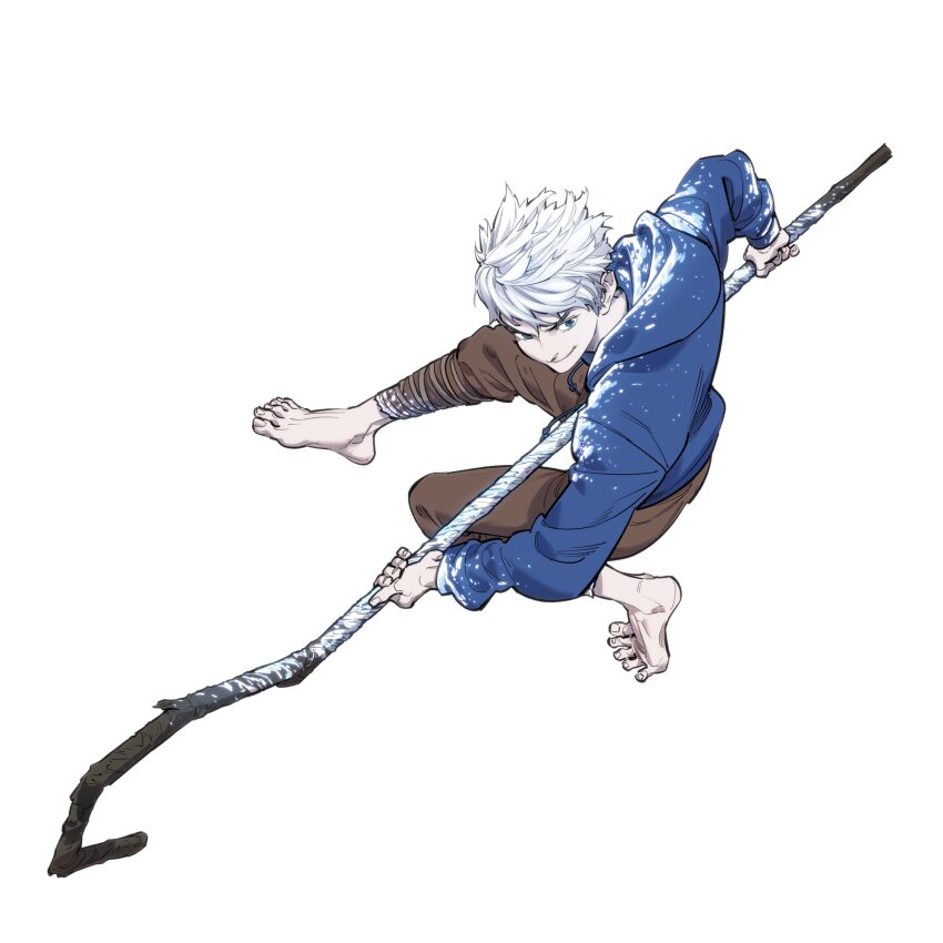 1boy barefoot blue_eyes blue_hoodie brown_pants closed_mouth commentary_request fingernails full_body highres holding holding_staff holding_weapon hood hood_down hoodie jack_frost_(rise_of_the_guardians) korean_commentary male_focus pants rheepic rise_of_the_guardians short_hair simple_background smile solo staff weapon white_background white_hair