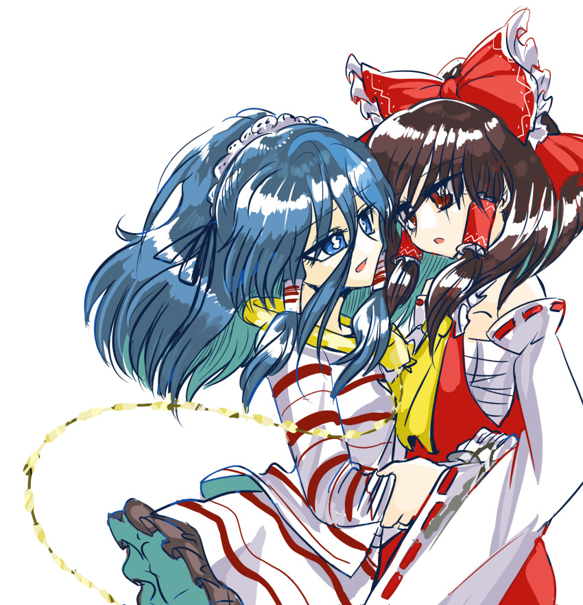 2girls ascot blue_eyes blue_hair bow brown_eyes brown_hair chain commentary_request cowboy_shot detached_sleeves frilled_bow frilled_hair_tubes frilled_skirt frills hair_between_eyes hair_bow hair_ornament hair_tubes hakurei_reimu highres long_bangs long_hair looking_at_another miyadeguchi_mizuchi multiple_girls open_mouth red_bow red_shirt red_skirt ribbon-trimmed_sleeves ribbon_trim sarashi shippuu_jinnari shirt sidelocks simple_background skirt skirt_set skull_hair_ornament sleeveless sleeveless_shirt striped_clothes striped_shirt striped_skirt touhou white_background white_shirt white_skirt white_sleeves yellow_ascot yuri