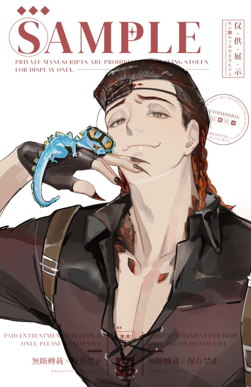1boy animal bandaged_head bandages between_breasts black_nails braid breasts brown_hair brown_shirt cigu_knitwear cleavage english_text fingerless_gloves fingernails gloves hair_slicked_back highres holding holding_animal identity_v lizard long_fingernails long_hair low-braided_long_hair low-tied_long_hair luchino_(identity_v) luchino_diruse multiple_braids orange_eyes orange_hair red_scales scales sharp_fingernails shirt solo solo_focus strap_between_breasts