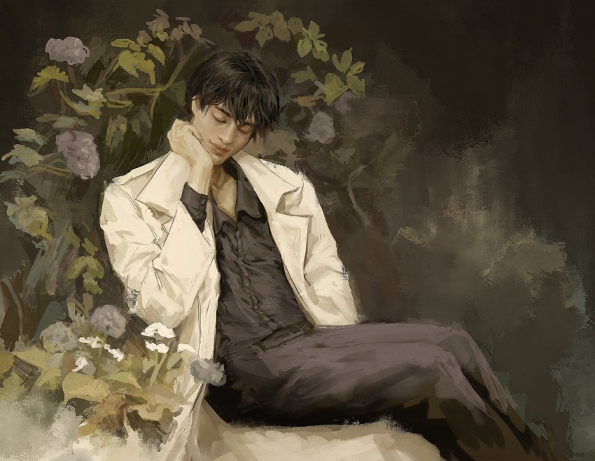 1boy bad_anatomy bad_hands black_hair black_shirt closed_eyes coat collared_shirt feet_out_of_frame flower hand_in_pocket hand_on_own_face kim_dokja leaning_on_self lily_(flower) macaronijail male_focus muted_color omniscient_reader&#039;s_viewpoint painterly perennial_(flower) shirt short_hair sitting smile solo white_coat