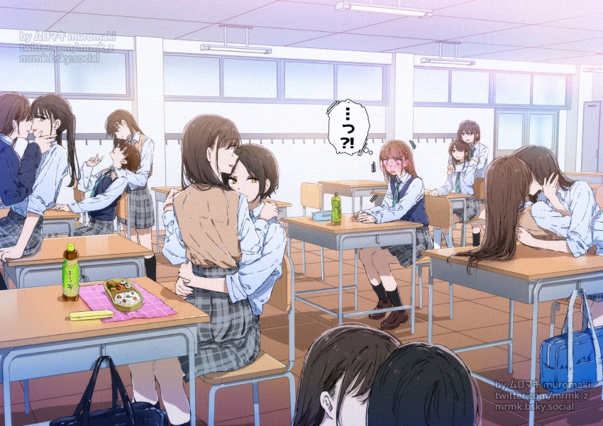 6+girls bag black_hair black_socks blue_necktie blue_sweater_vest blush bottle brown_hair brown_shoes brown_sweater_vest chair commentary_request couple desk ear_blush embarrassed full-face_blush grey_skirt highres indoors kiss loafers long_hair multiple_girls muromaki necktie original plaid_clothes plaid_skirt pleated_skirt school_bag school_chair school_desk school_uniform shoes short_hair sitting sitting_on_lap sitting_on_person skirt socks sweater_vest yuri