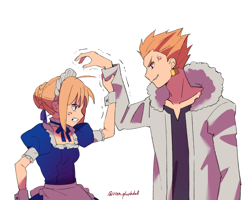 1boy 1girl absurdres ahoge apron artoria_pendragon_(fate) blonde_hair blue_dress blue_eyes breasts bun_with_braided_base carnival_phantasm clenched_teeth coat commentary_request dress duck11_rp earrings fate/stay_night fate_(series) fur-trimmed_coat fur_trim gilgamesh_(fate) gold_earrings hair_bun highres holding_another&#039;s_wrist jewelry juliet_sleeves long_sleeves maid maid_headdress puffy_sleeves red_eyes saber_(fate) single_hair_bun small_breasts smile teeth textless_version trembling twitter_username waist_apron white_coat wrist_cuffs