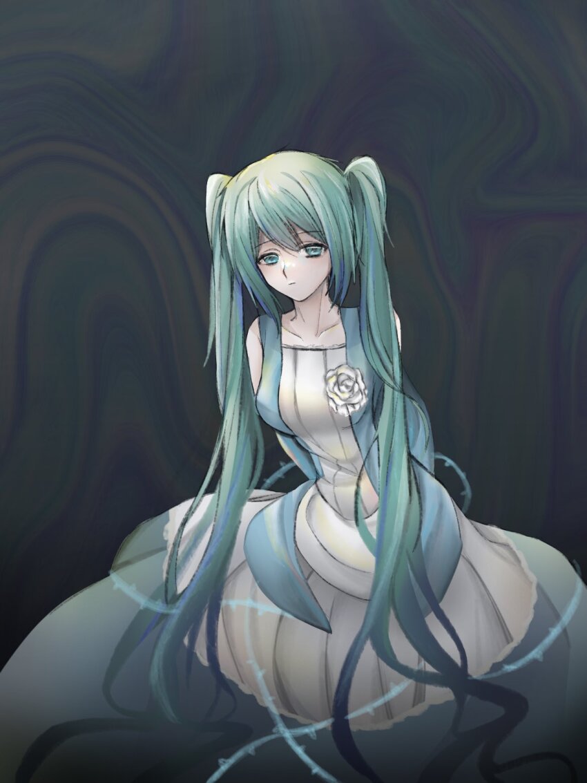1girl aqua_eyes aqua_hair arms_behind_back bare_shoulders blue_dress closed_mouth clothing_cutout collarbone commentary dark_background dress dress_flower evillious_nendaiki expressionless flower half-closed_eyes hatsune_miku highres long_hair looking_at_viewer margarita_blankenheim messy_hair nemurase_hime_kara_no_okurimono_(vocaloid) pale_skin rose shoulder_cutout solo symbol-only_commentary thorns twintails vampear very_long_hair vocaloid white_flower white_rose
