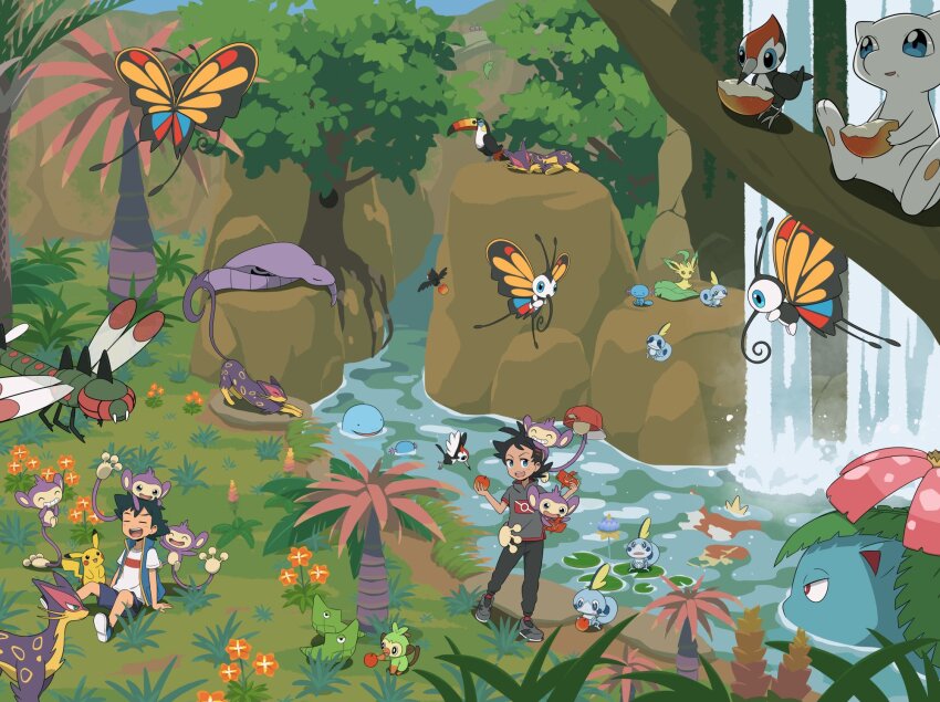 2boys :d aipom arbok arm_support ash_ketchum beautifly black_hair black_pants blue_eyes blue_vest commentary_request day flower food fruit gen_1_pokemon gen_2_pokemon gen_3_pokemon gen_4_pokemon gen_5_pokemon gen_7_pokemon gen_8_pokemon goh_(pokemon) grass grey_footwear grey_shirt grookey highres holding leafeon legendary_pokemon liepard magikarp male_focus metapod mew_(pokemon) multiple_boys mythical_pokemon nintendo on_head open_mouth orange_flower outdoors pants pikachu pikipek pokemon pokemon_(anime) pokemon_(creature) pokemon_journeys pokemon_on_head quagsire rotom rotom_phone shirt shoes short_sleeves shorts shuan_0420 sitting smile sobble standing t-shirt toucannon tree venusaur vest water waterfall white_shirt wooper yanmega