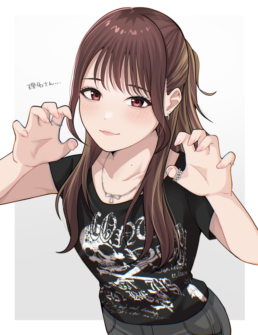 1girl absurdres aegyo_sal black_shirt brown_hair claw_pose commentary earrings half_updo hands_up highres jewelry long_hair mole mole_on_neck multicolored_hair multiple_rings necklace photo-referenced real_life red_eyes rina_(voice_actor) ring rrtp shirt short_sleeves sidelocks solo streaked_hair symbol-only_commentary translated voice_actor