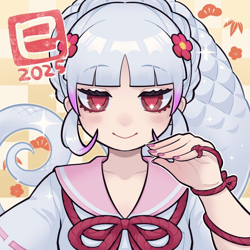 1girl 2025 an-chan_(ananna0315) arm_ribbon blunt_bangs blush bow bowtie byakuda_(kemono_friends) collar gradient_hair highres kemono_friends long_hair looking_at_viewer multicolored_hair nail_polish pink_collar pink_hair pink_nails red_bow red_bowtie red_eyes ribbon sailor_collar school_uniform serafuku shirt short_sleeves sidelocks smile snake_girl snake_tail solo sparkling_eyes tail upper_body white_hair white_shirt