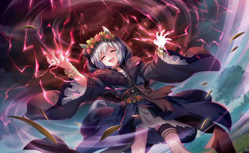 1girl =_= animal_ears artist_request belt belt_buckle belt_collar black_belt black_robe bracelet buckle cloud cloudy_sky collar day dress dutch_angle ear_covers electricity electrokinesis feet_out_of_frame field flower flower_hairband frilled_sleeves frills fur-trimmed_robe fur_trim game_cg gold_bracelet gold_buckle grass grey_dress grey_hair hair_between_eyes happy hood hood_up hooded_robe horse_ears horse_girl horse_tail horseshoe_ornament jewelry leaf light_particles long_sleeves looking_ahead multiple_bracelets official_alternate_costume official_art open_mouth outdoors palms raised_inner_eyebrows red_flower robe seiun_sky_(paint_the_sky_red)_(umamusume) seiun_sky_(umamusume) shaded_face short_dress short_hair single_ear_cover sky smile solo standing storm tail thigh_strap thighlet torn_clothes torn_dress tree umamusume wide_sleeves wind