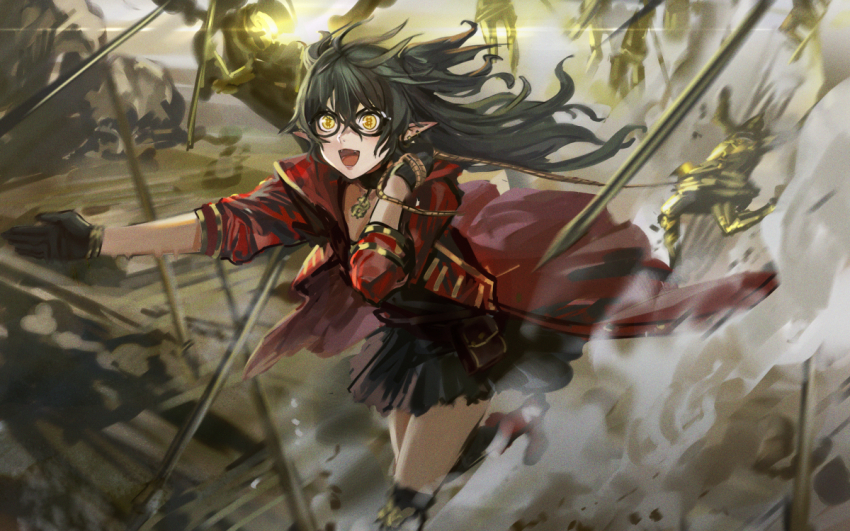 black_choker black_skirt choker coat dragging excited fangs green_hair infukun original pointing pointing_forward pointy_ears red_coat running skirt