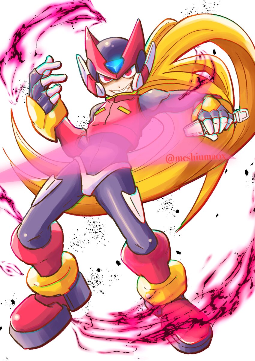 1boy absurdres android armor aura blonde_hair boots energy_sword fang floating_hair forehead_jewel full_body grin helmet highres holding holding_sword holding_weapon long_hair looking_at_viewer male_focus mega_man_(series) mega_man_zero_(series) mega_man_zero_3 meshiuma0x omega_(mega_man) red_armor red_boots red_eyes red_helmet simple_background smile solo sword weapon white_background z_saber