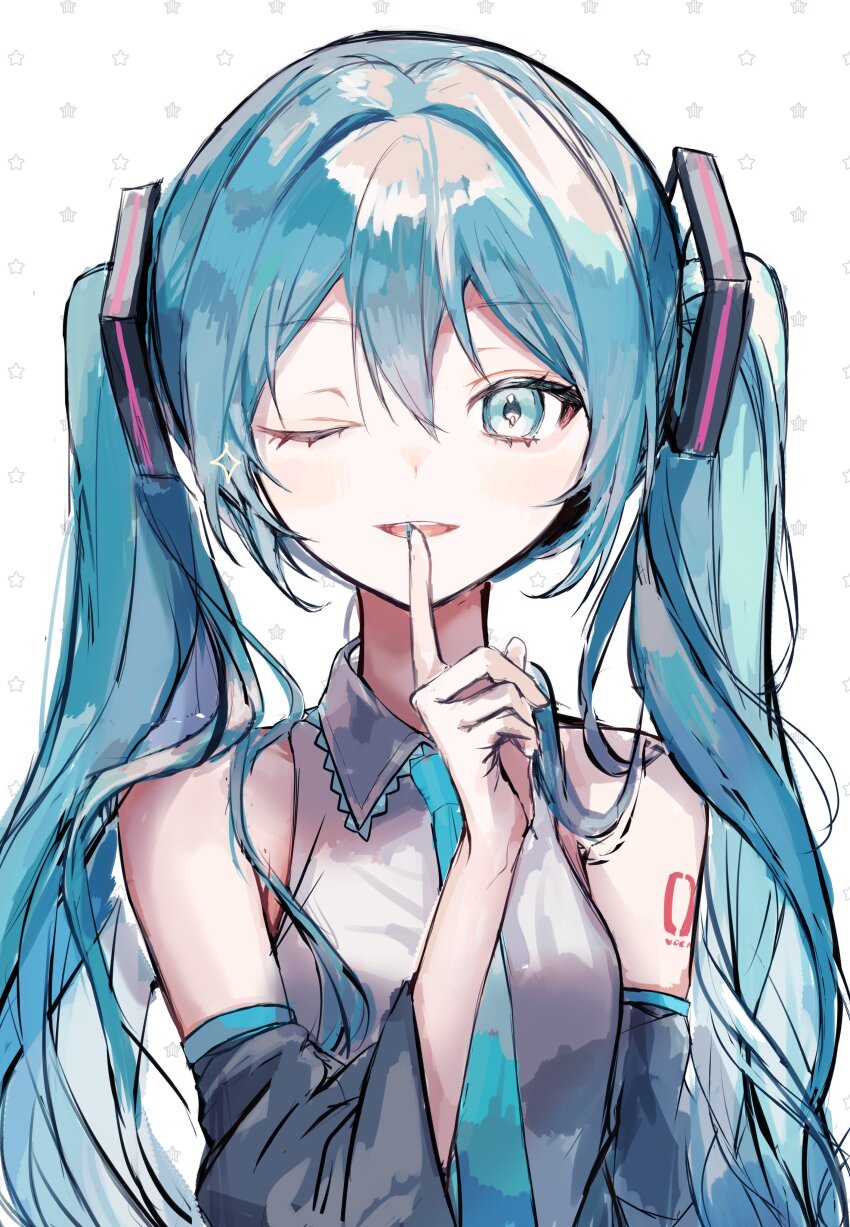 1girl absurdres aqua_eyes aqua_hair aqua_necktie arm_tattoo black_sleeves collared_shirt detached_sleeves finger_to_mouth frilled_shirt_collar frills grey_shirt hair_between_eyes hand_up hatsune_miku highres index_finger_raised long_hair looking_at_viewer necktie number_tattoo one_eye_closed open_mouth pipi_(pipinavigation) shirt simple_background solo tattoo twintails upper_body very_long_hair vocaloid white_background