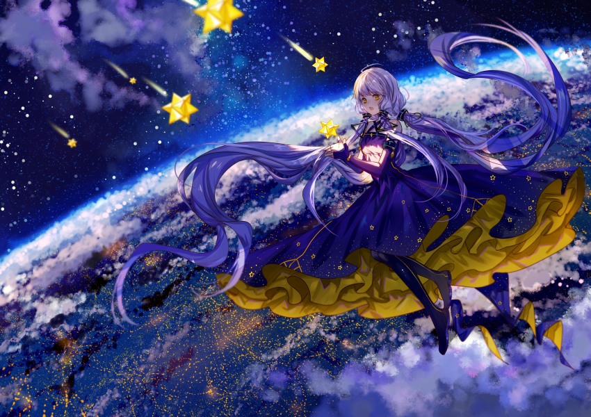 1girl absurdly_long_hair absurdres chinese_commentary city_lights cloud dress earth_(planet) elbow_gloves female_focus fingerless_gloves floating frilled_dress frills gloves hair_ribbon highres holding jamjar77 long_hair looking_at_viewer night open_mouth planet purple_dress purple_gloves purple_hair quad_tails ribbon shooting_star sidelocks solo space star_(sky) stellated_octahedron thighhighs very_long_hair vocaloid wide_shot xingchen yellow_eyes