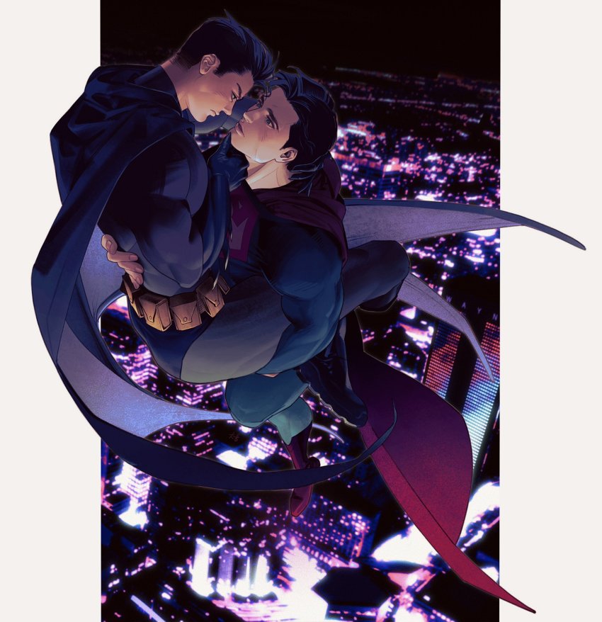 2boys bara batman batman_(series) black_cape black_gloves black_hair blue_bodysuit bodysuit boots bruce_wayne cape carrying carrying_person clark_kent closed_mouth couple dc_comics flying gloves grey_bodysuit highres janeyellowh large_pectorals looking_at_another male_focus multiple_boys muscular muscular_male parted_lips pectorals short_hair superman superman_(series) yaoi