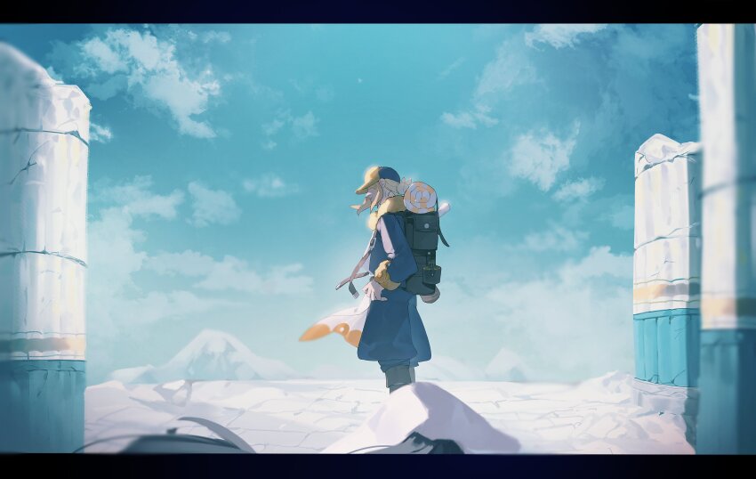 1boy 1girl absurdres akari_(pokemon) backpack bag black_hair blonde_hair blue_sky boots broken_pillar ccf2q closed_eyes cloud day faceless faceless_male ginkgo_guild_uniform headscarf highres jumpsuit letterboxed long_sleeves male_focus mountain nintendo outdoors pillar pokemon pokemon_legends:_arceus sky solo_focus spear_pillar standing volo_(pokemon) white_headscarf