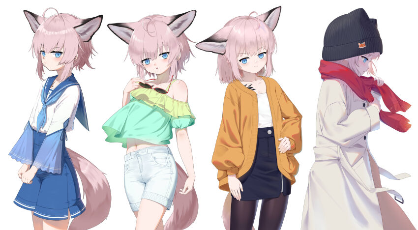 1girl absurdres alternate_costume animal_ears arknights black_skirt blue_eyes blue_sailor_collar coat commentary fox_ears fox_girl fox_tail highres kano_(kotailo) material_growth multiple_views oripathy_lesion_(arknights) pantyhose pink_hair red_scarf sailor_collar scarf shirt shorts simple_background skirt sussurro_(arknights) tail white_background