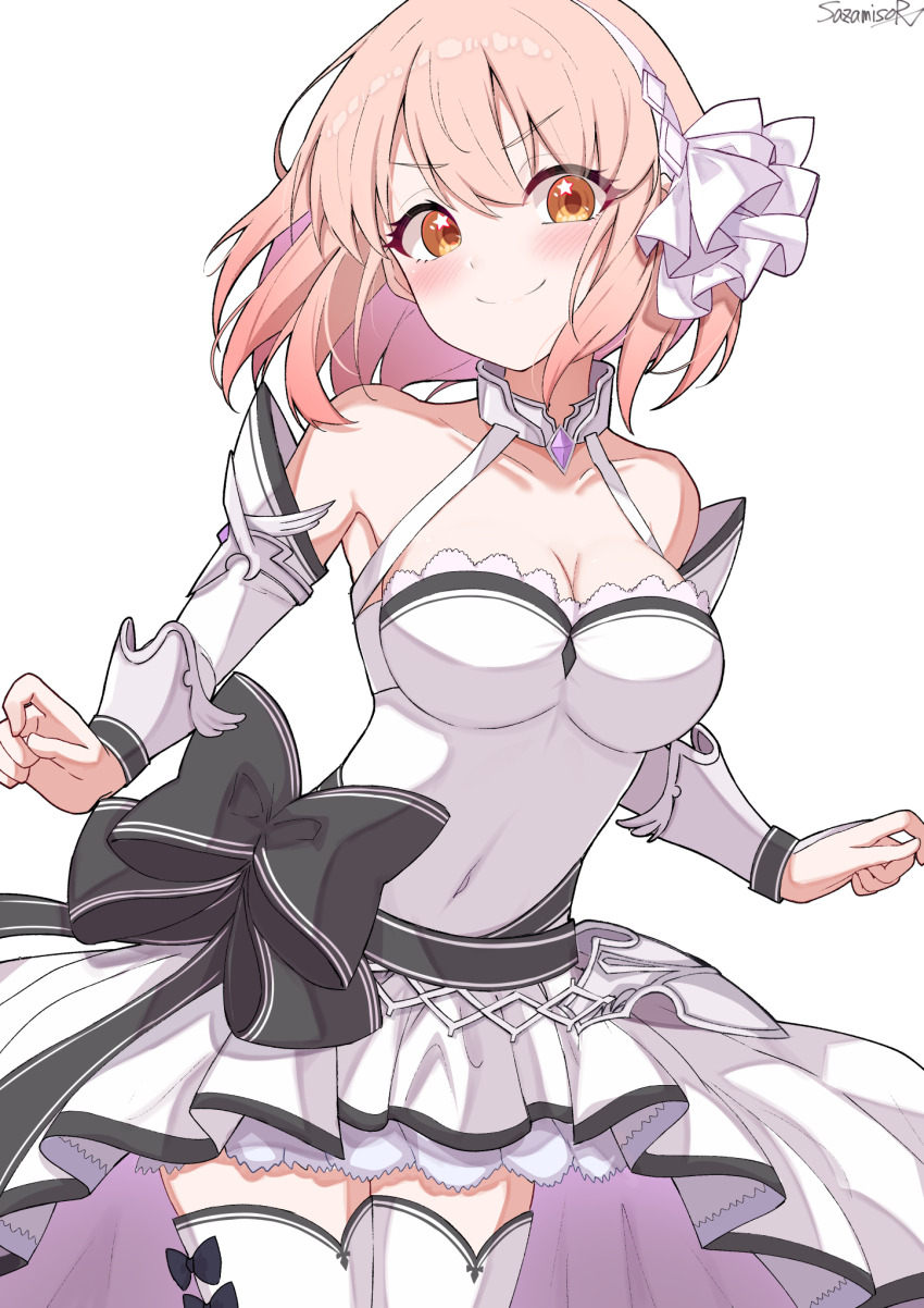 &gt;:) 1girl alternate_costume arm_guards arms_at_sides bare_shoulders blush bow breasts chieru_(princess_connect!) cleavage collar collared_shirt cosplay detached_sleeves dress frilled_dress frills halter_dress halterneck high-low_skirt highres large_bow looking_at_viewer medium_breasts pink_hair princess_connect! sazamiso_rx shirt shizuru_(princess_connect!) shizuru_(princess_connect!)_(cosplay) simple_background sleeveless sleeveless_dress smile solo star_(symbol) star_in_eye symbol_in_eye thighhighs v-shaped_eyebrows w_arms waist_bow white_background white_dress white_sleeves white_thighhighs yellow_eyes