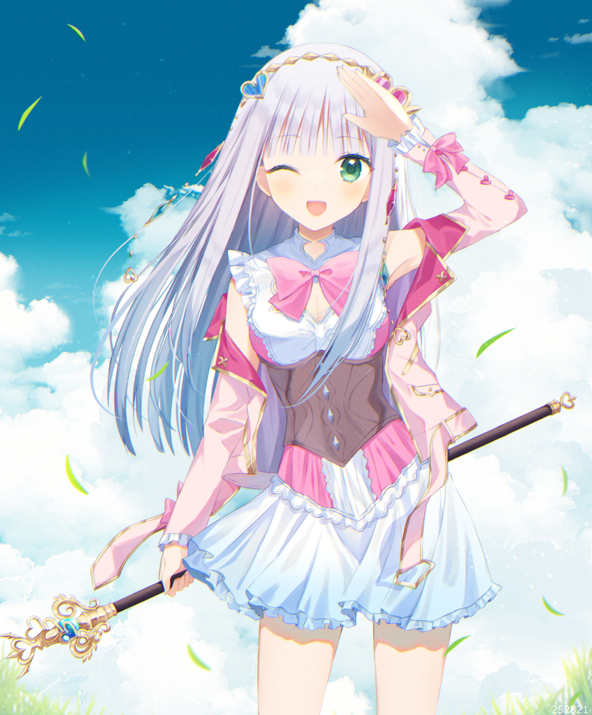 1girl ;d absurdres aiyan arm_up atelier_(series) atelier_lulua blue_sky bow bowtie breasts cleavage cloud cowboy_shot day elmerulia_frixell green_eyes grey_hair hair_ornament hairband heart heart_hair_ornament highres holding holding_staff jacket leaf long_hair long_sleeves looking_at_viewer one_eye_closed open_clothes open_jacket open_mouth outdoors pink_bow pink_bowtie pink_jacket pink_shirt shirt skirt sky smile solo staff standing white_skirt wind