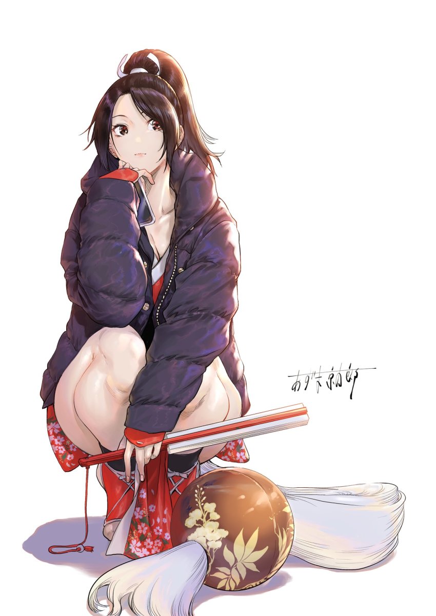 1girl azuma_kyoutarou_(artist) brown_eyes brown_hair coat commentary_request down_jacket fatal_fury female_focus folded_fan folding_fan hand_fan hand_on_own_chin high_ponytail highres jacket long_hair ponytail puffy_coat puffy_sleeves shiranui_mai sidelighting signature simple_background solo squatting the_king_of_fighters white_background