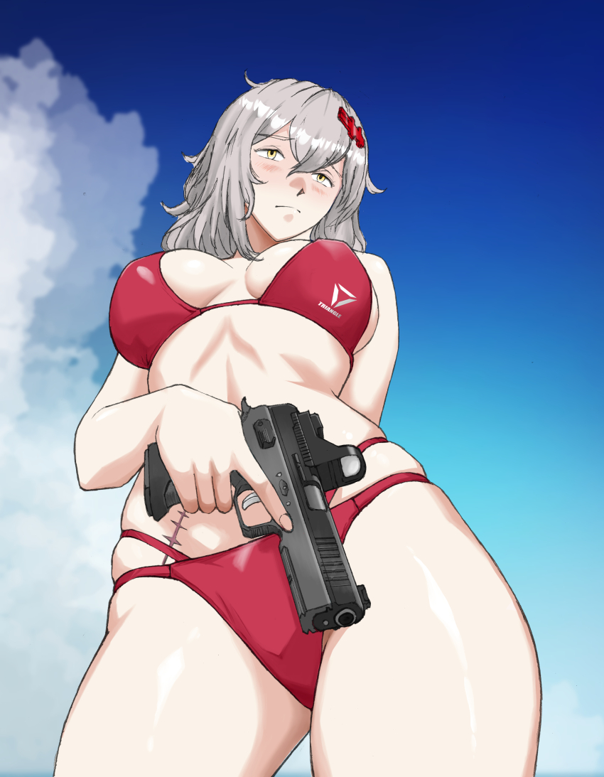 1girl absurdres bikini blue_sky blush breasts cz_shadow_2 day goddess_of_victory:_nikke grey_hair gun hair_between_eyes hair_ornament hairclip handgun highres holding holding_gun holding_weapon large_breasts long_hair messy_hair ogirin3948 outdoors scar scar_on_stomach shiny_skin skindentation sky solo standing swimsuit trigger_discipline weapon yellow_eyes yulha_(nikke)