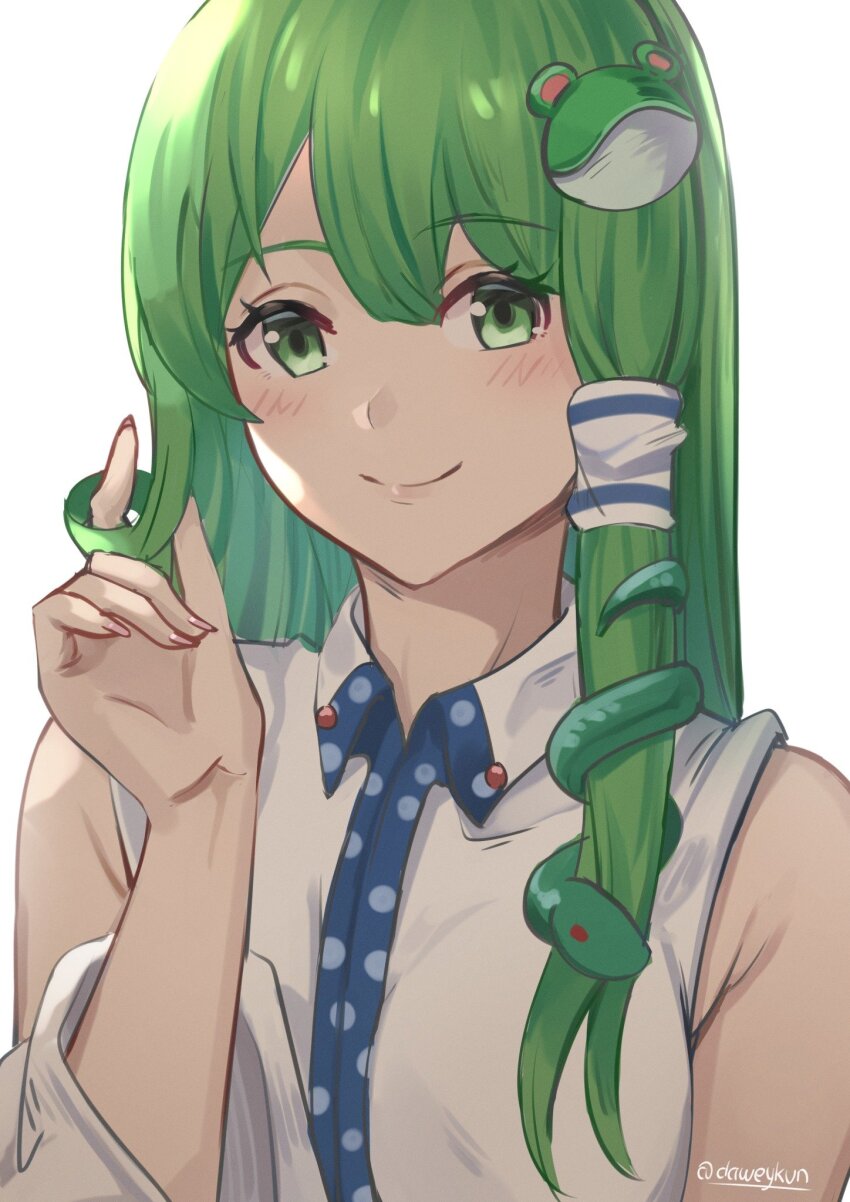 1girl bare_shoulders blush breasts closed_mouth collared_shirt daweykun detached_sleeves double-parted_bangs facing_viewer frog_hair_ornament green_eyes green_hair hair_ornament hair_tubes hand_in_own_hair highres kochiya_sanae large_breasts long_hair long_sleeves looking_at_viewer patterned_clothing shirt signature simple_background single_hair_tube single_sidelock sleeveless sleeveless_shirt smile snake_hair_ornament solo touhou twirling_hair upper_body white_background wide_sleeves wing_collar