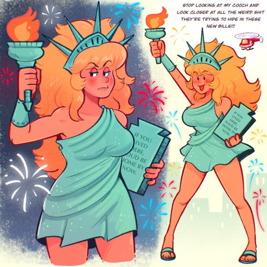 1girl aircraft blonde_hair blush breasts city commentary dress embarrassed english_commentary english_text fireworks fourth_of_july giant giantess green_dress hat helicopter highres holding holding_torch large_breasts long_hair mostlyghostly open_mouth original outdoors patriotism smile solo statue_of_liberty toon_(style) torch