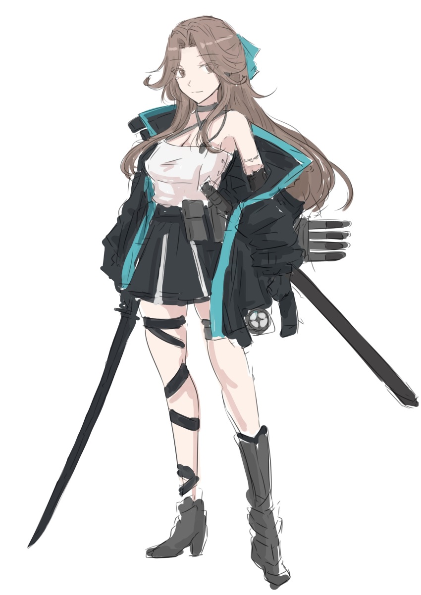 1girl absurdres alternate_costume belt black_jacket black_skirt brown_eyes brown_hair choker commentary_request criss-cross_halter grey_choker hair_intakes half_updo halterneck highres jacket jacket_partially_removed jintsuu_(kancolle) kantai_collection ken_(shutenndouji1) long_hair looking_at_viewer machinery searchlight sheath shirt skirt solo sword utility_belt weapon white_shirt