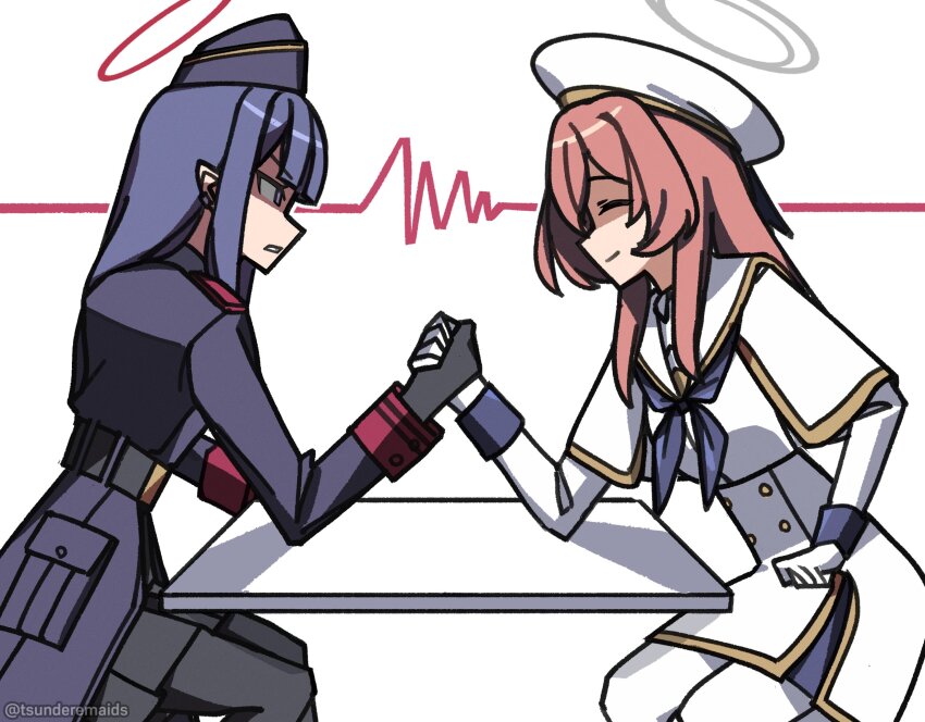 2girls arm_wrestling beret black_gloves black_hair black_jacket black_pantyhose blue_archive brown_hair capelet closed_eyes garrison_cap gloves halo hat highres jacket long_hair long_sleeves multiple_girls pandemonium_society_member_(blue_archive) pantyhose pointy_ears simple_background table tea_party_militant_(blue_archive) tsunderemaids white_gloves white_pantyhose