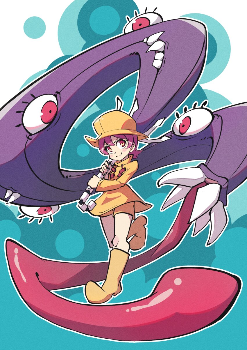 1girl absurdres boots buresu21 closed_umbrella eldritch_abomination extra_eyes hat highres hungern_(skullgirls) pink_hair raincoat red_eyes rubber_boots short_hair skullgirls tongue umbrella umbrella_(skullgirls) weapon yellow_headwear yellow_raincoat