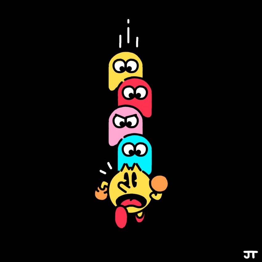 1boy black_background black_eyes blinky_(pac-man) chasing clyde_(pac-man) commentary english_commentary fleeing ghost highres inky_(pac-man) james_turner looking_at_another male_focus motion_lines notice_lines open_mouth pac-man pac-man_(game) pac-man_eyes pinky_(pac-man) red_shoes running shoes signature simple_background tongue v-shaped_eyebrows