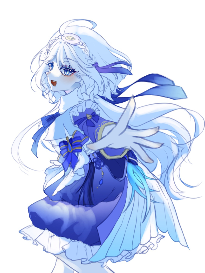 1girl ahoge blue_bow blue_dress blue_eyes blue_gemstone blue_hair blue_ribbon blush bow commentary_request cowboy_shot dress drop-shaped_pupils frills from_side fur_collar furina_(genshin_impact) gem genshin_impact gradient_hair hair_ribbon hairband hand_up heterochromia highres long_hair long_sleeves looking_at_viewer low_twintails mismatched_pupils multicolored_hair neck_ribbon open_mouth pantyhose ribbon simple_background smile solo standing symbol-shaped_pupils tassel teeth twintails two-tone_dress wavy_hair white_background white_dress white_hair white_hairband white_pantyhose yuseol_art