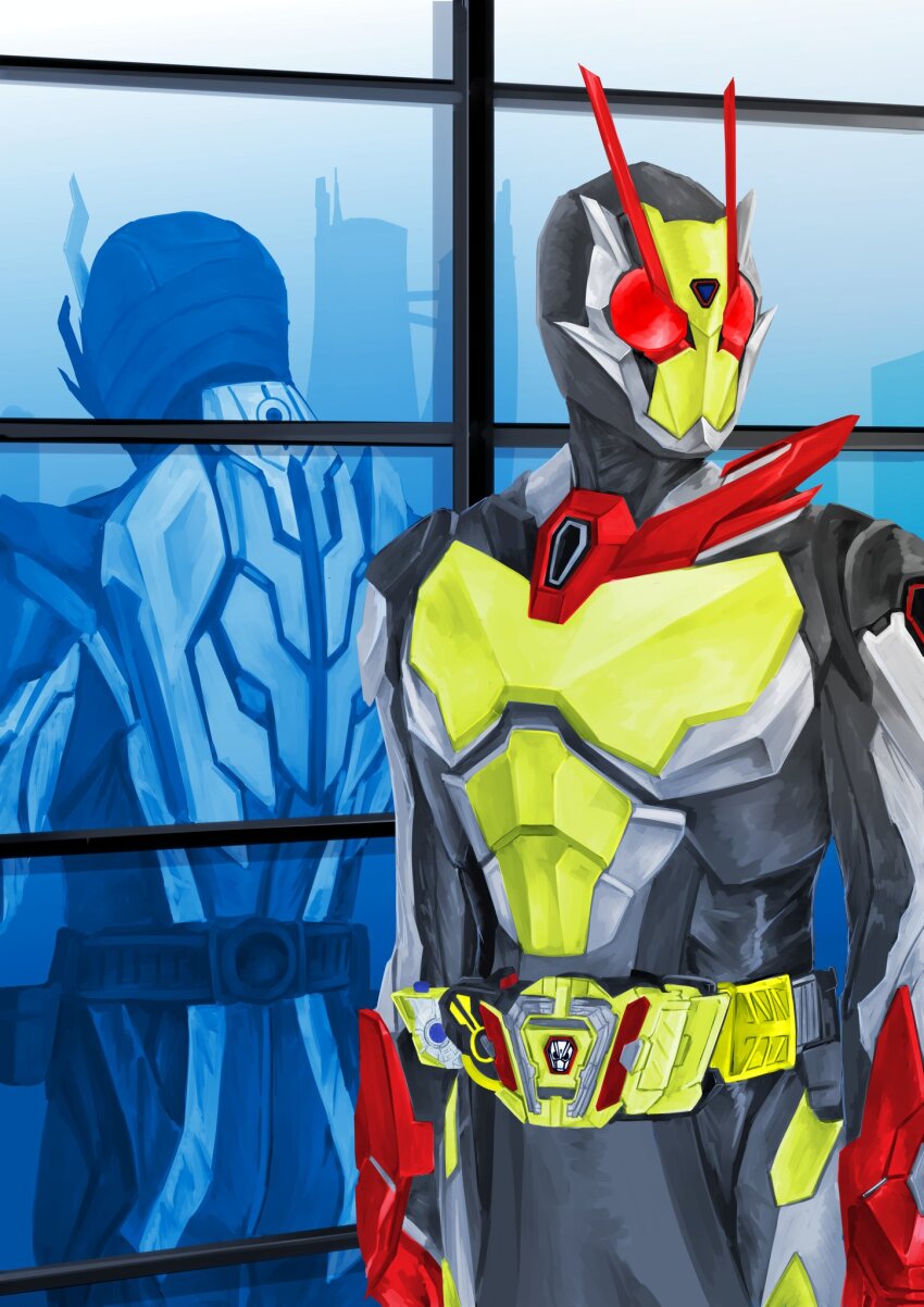 2boys antennae armor belt black_bodysuit bodysuit bug rider_belt dual_persona dx_tyogosui full_body gauntlets glowing glowing_eyes grasshopper helmet highres horns insect kamen_rider kamen_rider_01_(series) kamen_rider_ark-one kamen_rider_zero-one kamen_rider_zero-two male_focus mask multiple_boys power_armor progrise_key red_eyes red_horns reflection rider_belt shoulder_pads solo standing tokusatsu white_armor zero_two_driver