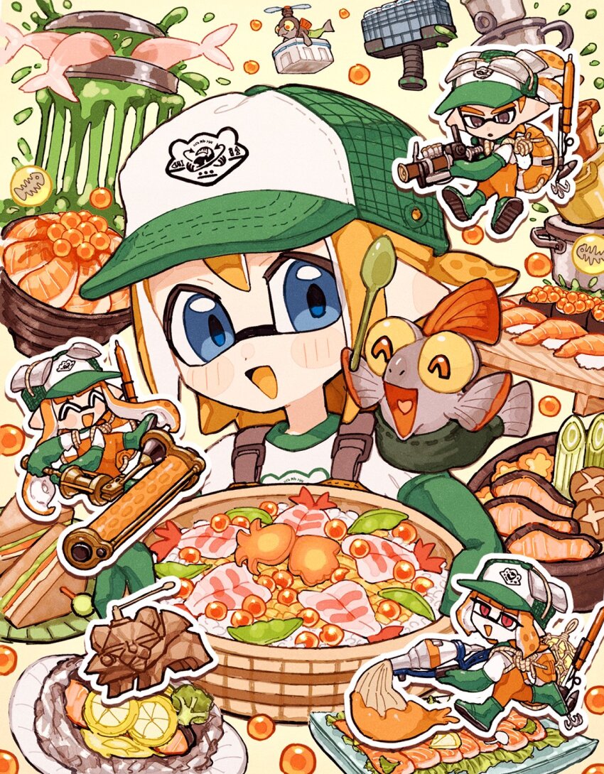 1boy 3girls :d ^_^ animal baseball_cap blue_eyes bluerosamarinus blush_stickers boots brown_eyes chibi chinook_(splatoon) closed_eyes colored_tongue commentary_request drop_shadow dynamo_roller_(splatoon) edamame fish_(food) food gloves golden_egg_(splatoon) green_footwear green_gloves griller_(splatoon) grizzco_charger_(splatoon) gunkanmaki hat highres holding holding_food holding_spoon holding_weapon hotpot ikura_(food) inkbrush_(splatoon) inkling_boy inkling_girl inkling_player_character lifebuoy long_hair medium_hair mothership_(splatoon) mr._grizz_(splatoon) multiple_girls mushroom nigirizushi nintendo open_mouth orange_hair orange_overalls orange_tongue outline overalls oyster pointy_ears ponytail print_shirt red_eyes rice rubber_boots rubber_gloves salmon salmon_run_(splatoon) sandwich sashimi shiitake shirt shrimp smallfry_(splatoon) smile splatoon_(series) spoon stinger_(splatoon) sushi swim_ring tentacle_hair too_much_food weapon white_outline white_shirt yellow_background