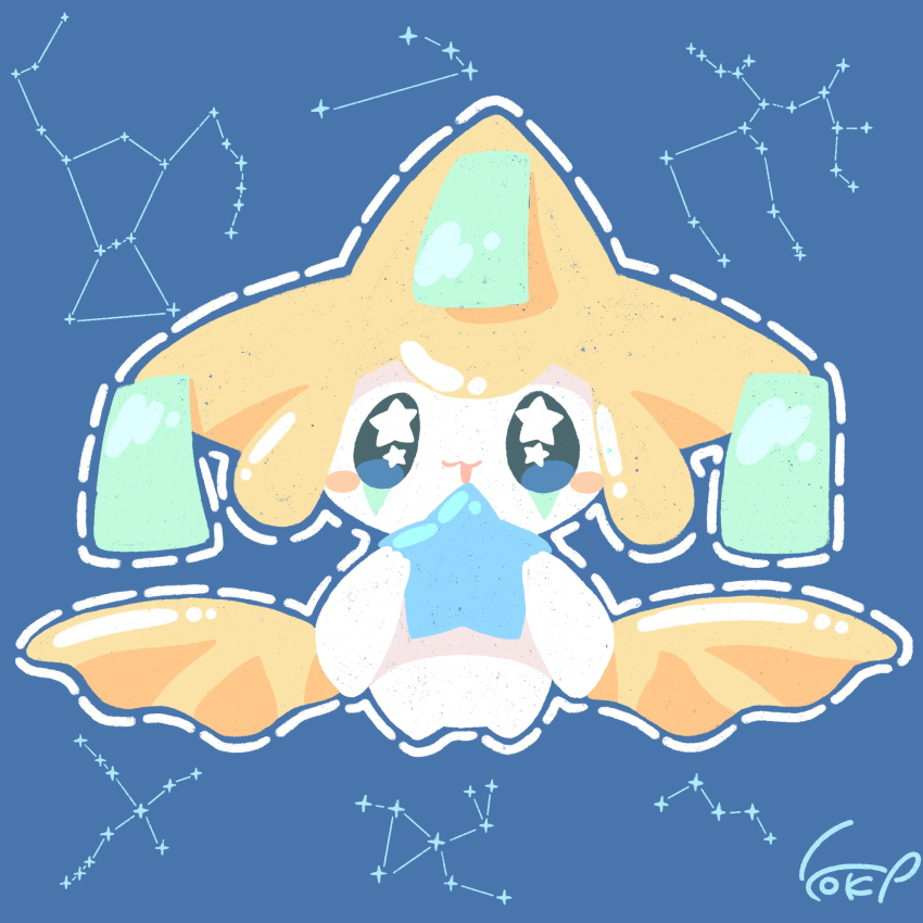 aries_(constellation) black_eyes blue_background blush_stickers constellation dotted_line facial_mark game_freak gen_3_pokemon highres holding holding_star jirachi legendary_pokemon mythical_pokemon nintendo no_humans no_nose open_mouth orion_(constellation) pokemon pokemon_(creature) sagittarius_(constellation) shiiru_(kokenyo1207) signature simple_background solo star_(symbol) star_in_eye symbol_in_eye tanzaku