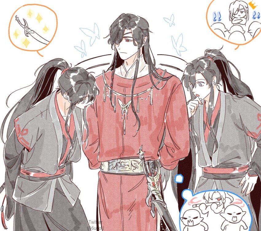 2boys 6uoou arms_behind_back black_hair black_hanfu braid bug butterfly butterfly_necklace chinese_clothes cowboy_shot creator_connection crossover demon dizi eyepatch flute flute_tassel grey_eyes hand_on_own_chin hand_on_own_hip hanfu high_ponytail highres holding holding_flute holding_instrument hua_cheng insect instrument jewelry long_hair long_sleeves looking_at_another looking_at_object male_focus modao_zushi motion_lines multiple_boys music necklace playing_flute playing_instrument pointy_ears ponytail red_eyes red_hanfu sash scimitar simple_background sparkle speech_bubble sword tassel thought_bubble tianguan_cifu transverse_flute weapon wei_wuxian white_background wide_sleeves
