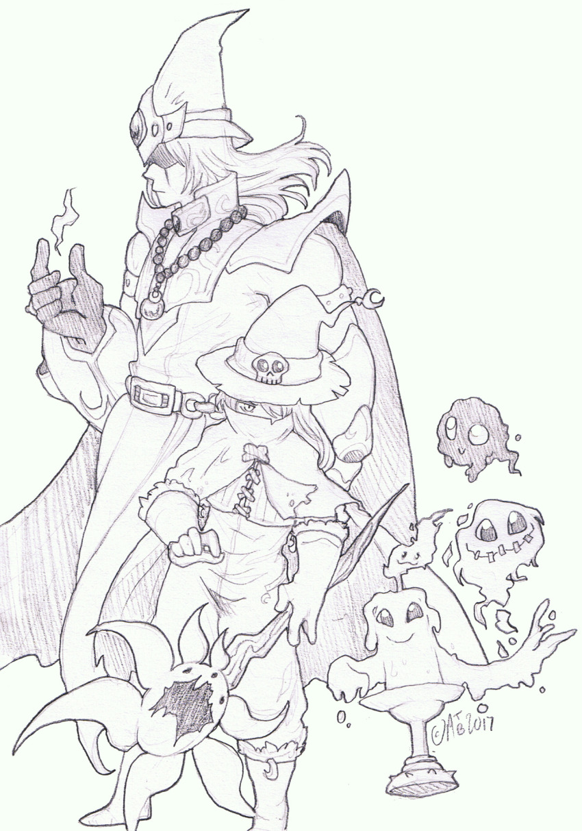candmon digimon digimon_(creature) evolutionary_line fire gloves hat highres mistymon mokumon petimeramon skull wizard wizard_hat wizarmon