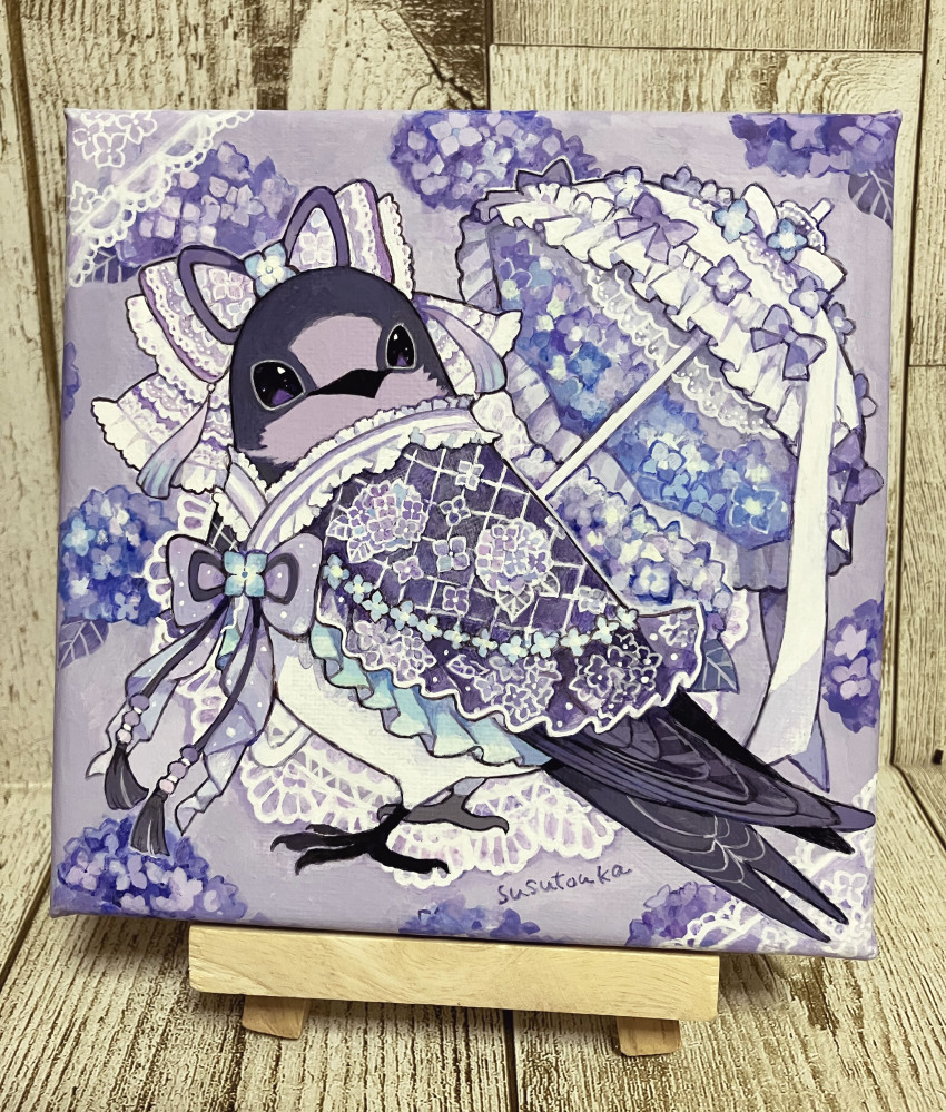 absurdres acrylic_gouache_(medium) acrylic_paint_(medium) animal animal_focus artist_name bird canvas_(object) closed_mouth clothed_animal commentary_request easel embroidery flower frills from_side full_body gouache_(medium) highres hydrangea indoors lace no_humans original painting_(medium) parasol photo_(medium) purple_eyes purple_flower purple_ribbon purple_theme ribbon solo susutouka swallow_(bird) traditional_media umbrella umbrella_flower wood