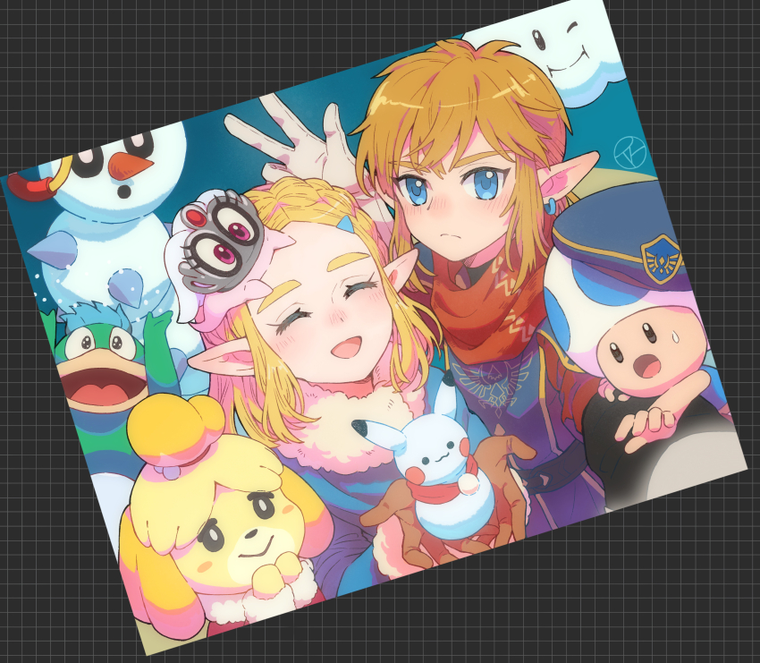 2boys 2girls :3 :d :o ^_^ absurdres animal_crossing arms_up black_background black_eyes black_gloves blonde_hair blue_headwear blue_jacket blush braid bright_pupils brown_gloves closed_eyes closed_mouth cloud commentary creatures_(company) crossover crown_braid dated_commentary dog_girl earrings eyelashes forehead frown fur-trimmed_jacket fur-trimmed_sleeves fur_trim game_freak gen_1_pokemon gloves gold_trim grid_background hair_between_eyes hair_ornament hairclip hands_up hat highres isabelle_(animal_crossing) jacket jewelry link long_sleeves looking_at_viewer mario_(series) medium_hair multiple_boys multiple_girls nintendo one_eye_closed open_mouth outstretched_arm parted_bangs photo_(object) pikachu pointy_ears pokemon princess_zelda princess_zelda purple_eyes red_scarf rutiwa scarf selfie sidelocks smile snow snow_pokey snowman spike_(mario) super_mario_odyssey sweatdrop the_legend_of_zelda the_legend_of_zelda:_breath_of_the_wild tiara_(mario) tilted_headwear toad_(mario) topknot white_pupils