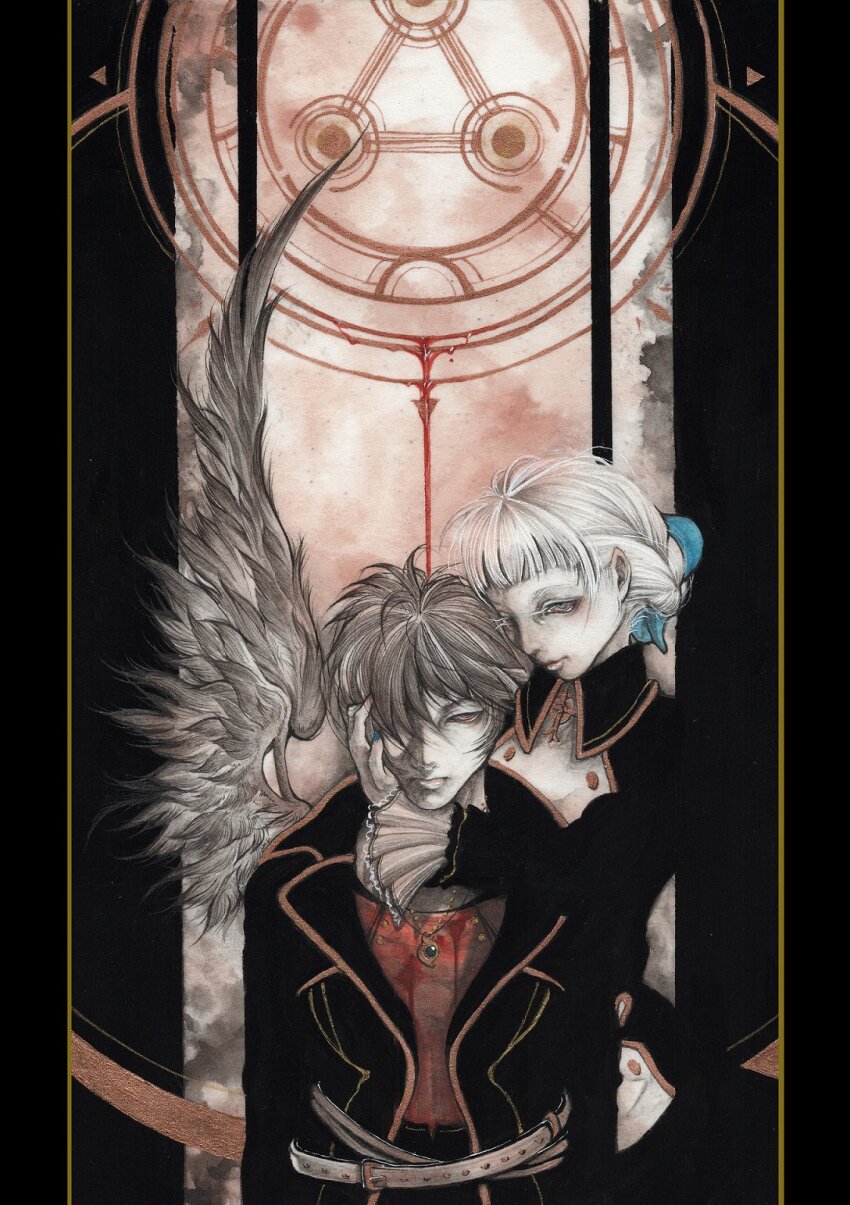 1boy 1girl alice_elliot anniversary belt black_jacket brown_hair commentary_request expressionless feathered_wings glasses hand_on_another&#039;s_cheek hand_on_another&#039;s_face highres jacket looking_at_viewer meimaro shadow_hearts single_wing upper_body white_hair wings yuri_hyuga