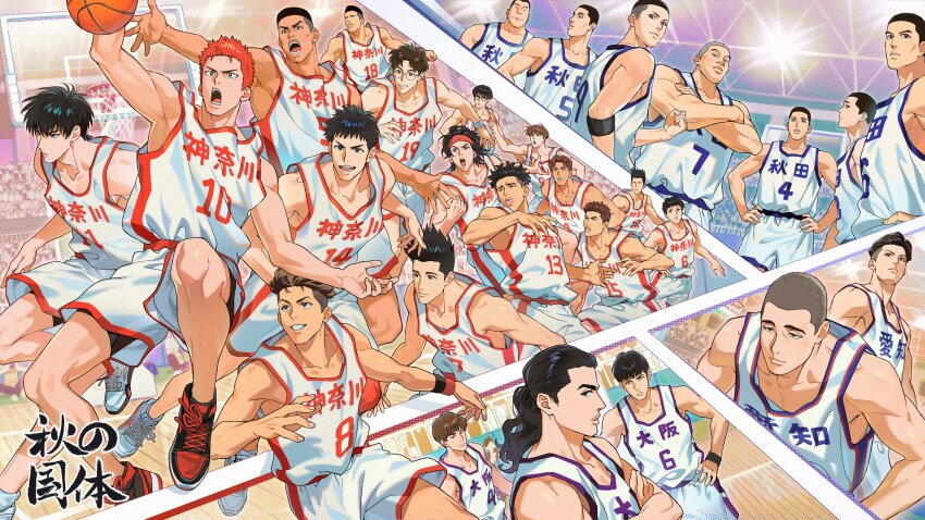 6+boys absurdres akagi_takenori ball basketball_(object) basketball_court basketball_hoop basketball_jersey basketball_uniform black_eyes black_footwear black_hair brown_eyes brown_hair buzz_cut chinese_commentary closed_mouth crossed_arms dark-skinned_male dark_skin earrings everyone fujima_kenji fukatsu_kazunari fukuda_kicchou hanagata_touru hands_on_own_hips hasegawa_kazushi highres holding holding_ball ichinokura_satoshi indoors jewelry jin_souichirou jumping kawata_masashi kawata_mikio ke_(ke_sd) kishimoto_minori kiyota_nobunaga kogure_kiminobu looking_ahead looking_at_viewer maki_shin&#039;ichi matsumoto_minoru medium_hair minami_tsuyoshi mitsui_hisashi miyagi_ryouta morishige_hiroshi moroboshi_dai multiple_boys nobe_masahiro open_mouth overhead_lights playing_sports ponytail reaching red_hair red_shorts red_tank_top rukawa_kaede sakuragi_hanamichi sawakita_eiji scar scar_on_chin scar_on_face sendou_akira shoes short_hair shorts slam_dunk_(series) smile sneakers spiked_hair sportswear stud_earrings takasago_kazuma tank_top toned toned_male translated tsuchiya_atsushi undercut uozumi_jun very_short_hair wavy_hair white_footwear